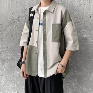 现货 2022春夏休闲拼接工装衬衫ins衬衣文艺短袖男外套  W684-P30图片