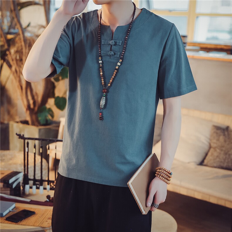 T98*2021夏季男士中国风棉麻短袖T恤衫白色*P25,男装T恤,星座1516（原B303）
