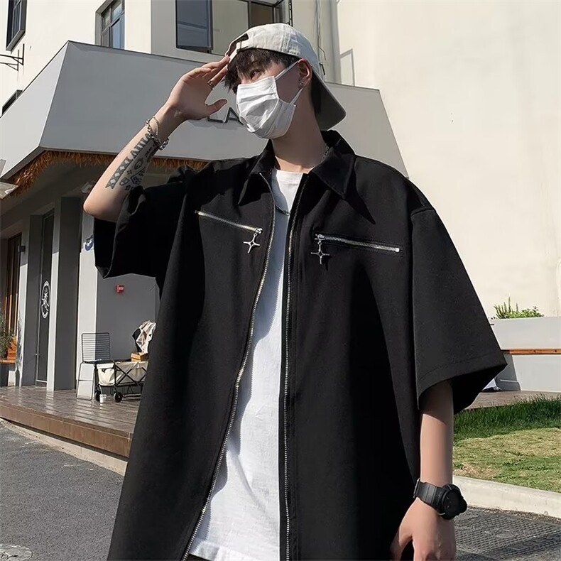 美式复古金属拉链短袖衬衫男女夏季宽松翻领男衬衣外套CS0023-P45,男装衬衫,星座308B-2