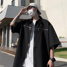 美式复古金属拉链短袖衬衫男女夏季宽松翻领男衬衣外套CS0023-P45，男装衬衫，星座308B-2