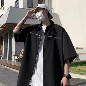 美式复古金属拉链短袖衬衫男女夏季宽松翻领男衬衣外套CS0023-P45图片