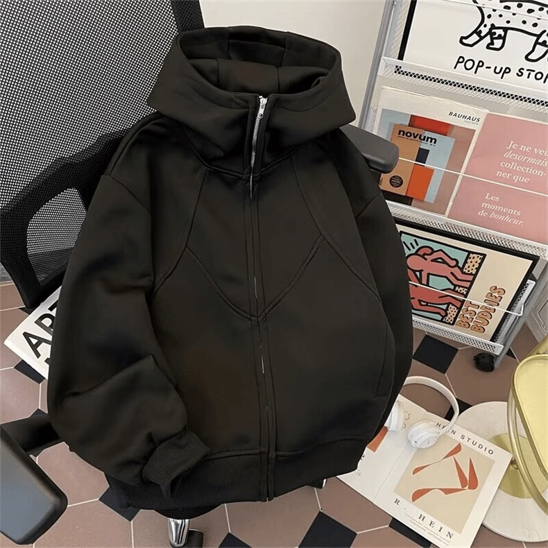 抖音得物高品质二开26春装美式高街重磅结构高领连帽卫衣外套W62,女装短外套,电商A486