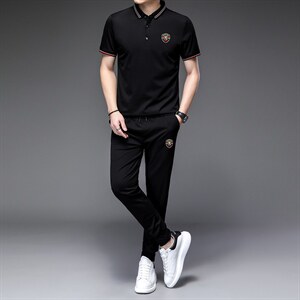 套装男短袖2023夏季款长裤上衣休闲服饰小脚束脚裤夏圆领打图片