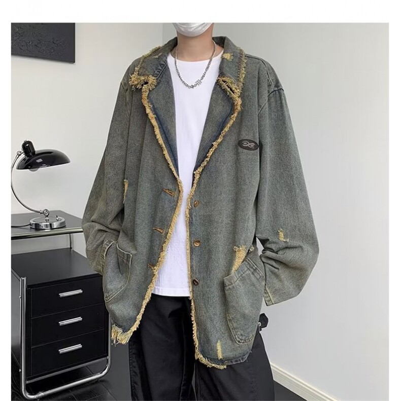 破洞牛仔西装领外套女春秋做旧毛边设计感小众宽松上衣潮JK8922,男装夹克,星座1116A-1（原606A）
