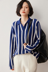 2024秋冬Polo领软糯山羊绒毛衣女新款条纹针织毛衣宽松显瘦打底衫图片