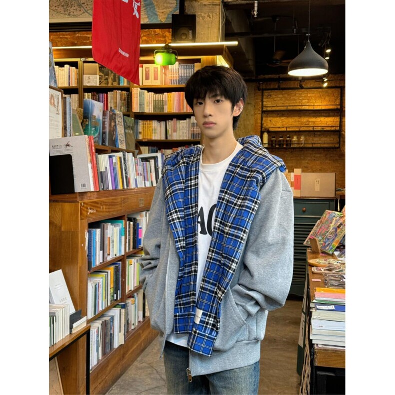 【有货】假两件格子拼接卫衣男款设计感连帽开衫外套JL97LL-特P68,男装卫衣,星座1007（原301D）
