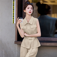 2026夏装新款简约时尚休闲马甲两件套裤，女装套装/套裙，美沁