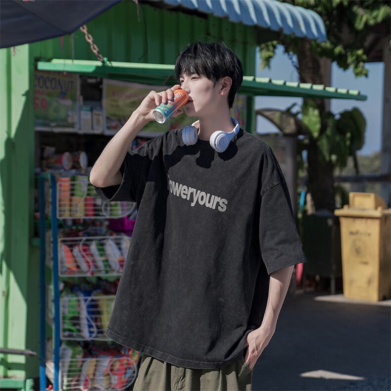 重工水洗做旧复古高街短袖T恤潮流宽松B225-T9348-P45-X59-有货,男装T恤,电商B225