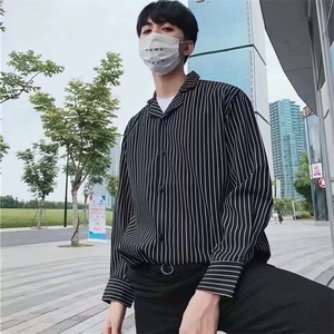 条纹衬衫男长袖韩版休闲宽松帅气寸网红学生修身潮流外套黑色衬衣图片