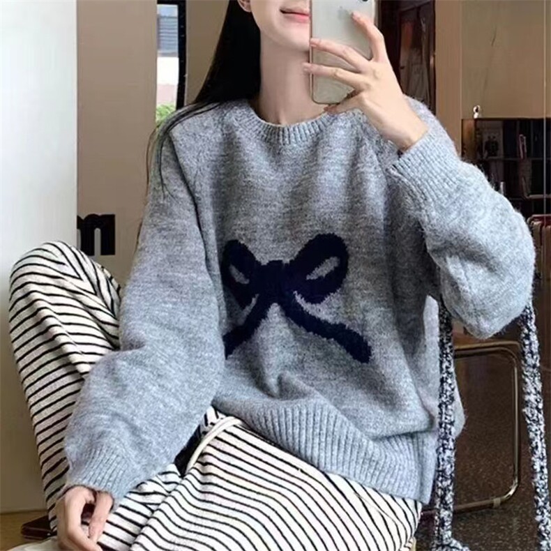 甜美蝴蝶结装饰宽松圆领针织衫可爱淑女风毛衣外套,针织衫/毛衣,萱芳婷羊绒