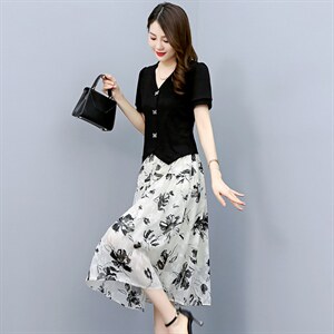 不规则短袖T韩版新款设计感显瘦修身V领套装，女装套装/套裙，布芭啦