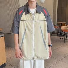 夏装短袖衬衫男宽松拼接撞色运动街头防晒上衣C502P50杏，男装防晒衣，电商C323