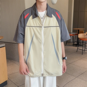 夏装短袖衬衫男宽松拼接撞色运动街头防晒上衣C502P50杏