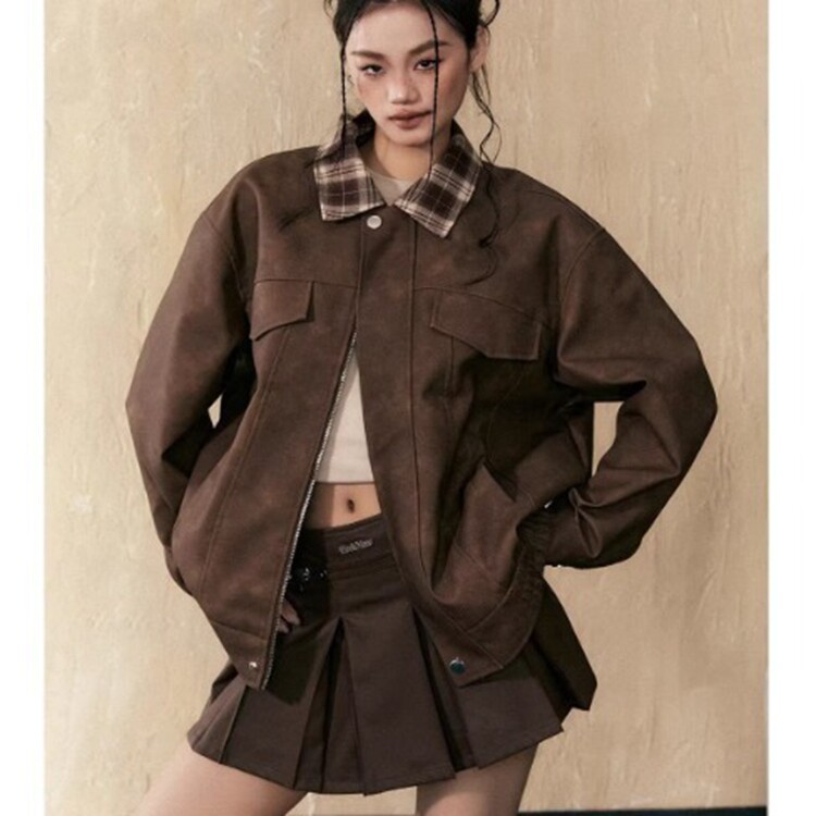 2026美式复古麂皮绒撞色皮翻领外套女春秋季韩系chic夹克宽松上衣图片