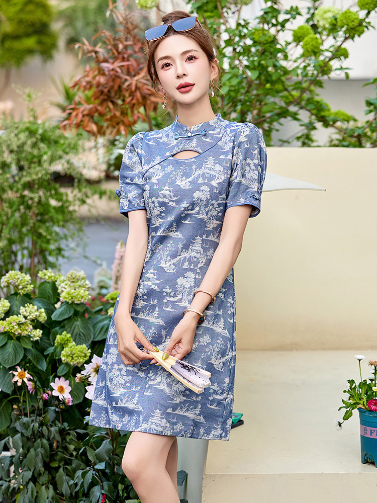 新中式风连衣裙女夏改良旗袍2025年新款高端小个子修身短款裙子,女装连衣裙,依多米