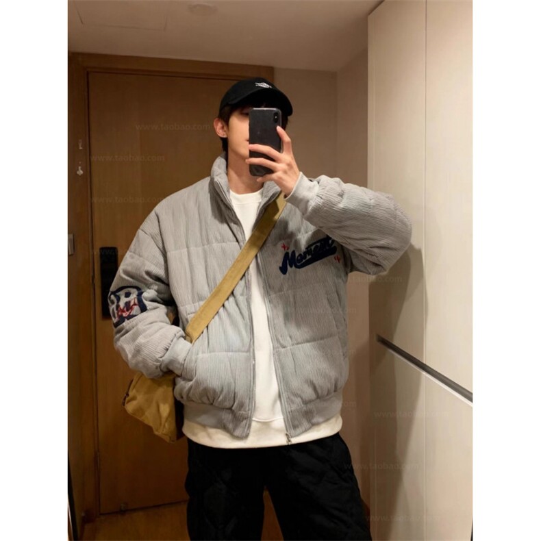 美式高街复古灯芯绒冬季刺绣立领棉服男女潮牌宽松面包服情侣外套,男装棉衣,星座506A