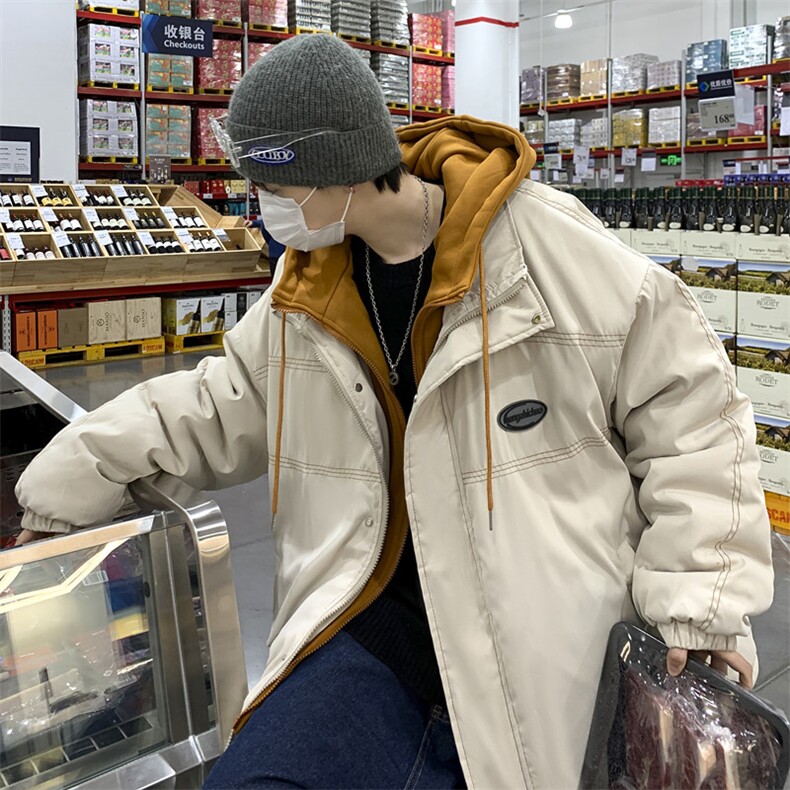 港风新款假两件外套男秋冬款宽松抽绳夹克拉链保暖棉服W2477-P85，男装夹克，星座512-2
