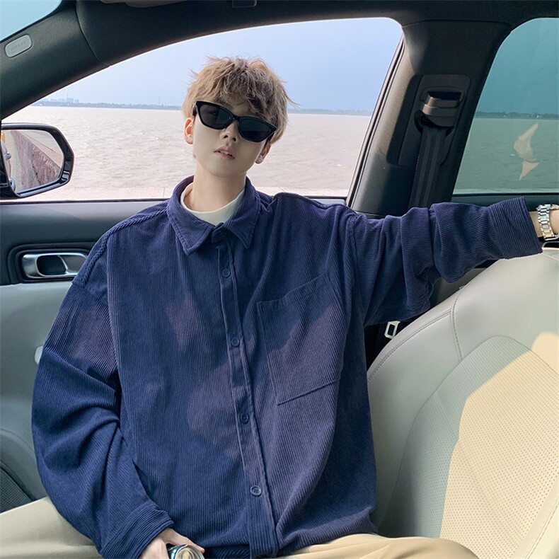 8XL-M灯芯绒衬衫特大码复古秋冬翻领长袖上衣纯色外套CS9001/P58，男装衬衫，电商B238