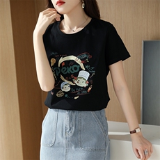 夏季丝光棉t恤女2024新款短款高支纯棉白色短袖绣花潮流烫钻百搭，女装T恤，元素羊绒