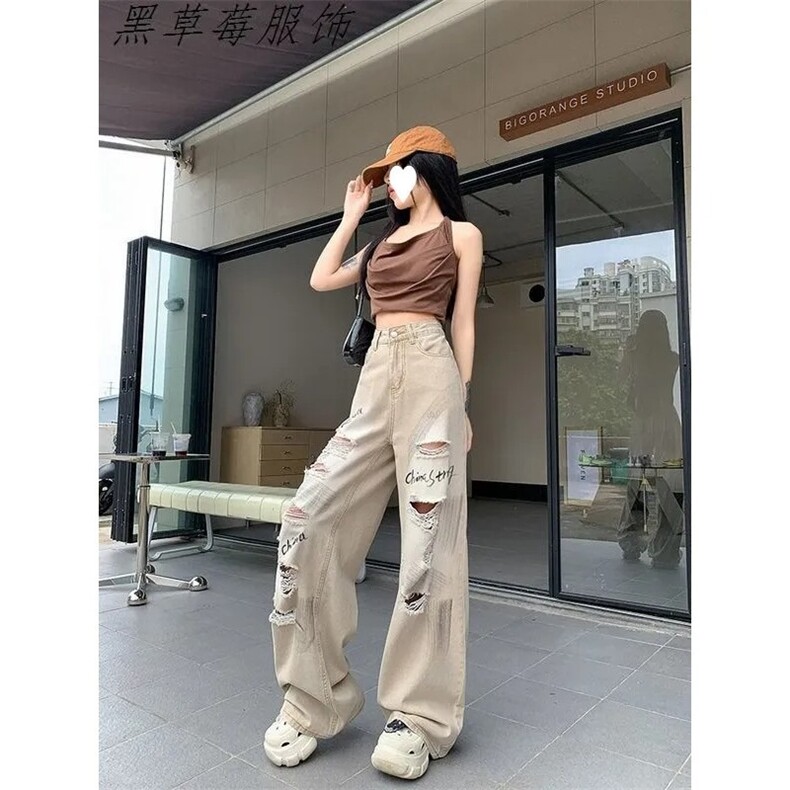 美式高街破洞牛仔裤女夏季新款薄款高腰直筒阔腿宽松拖地裤,男装牛仔裤,星座613