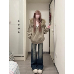 美式情侣复古亲肤保暖毛呢条纹连帽卫衣外套男女新款百搭夹克上衣图片