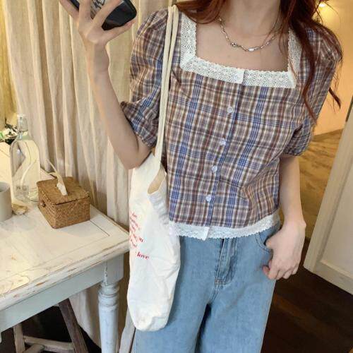 现货夏季新款复古格子上衣，女装，dznkb
