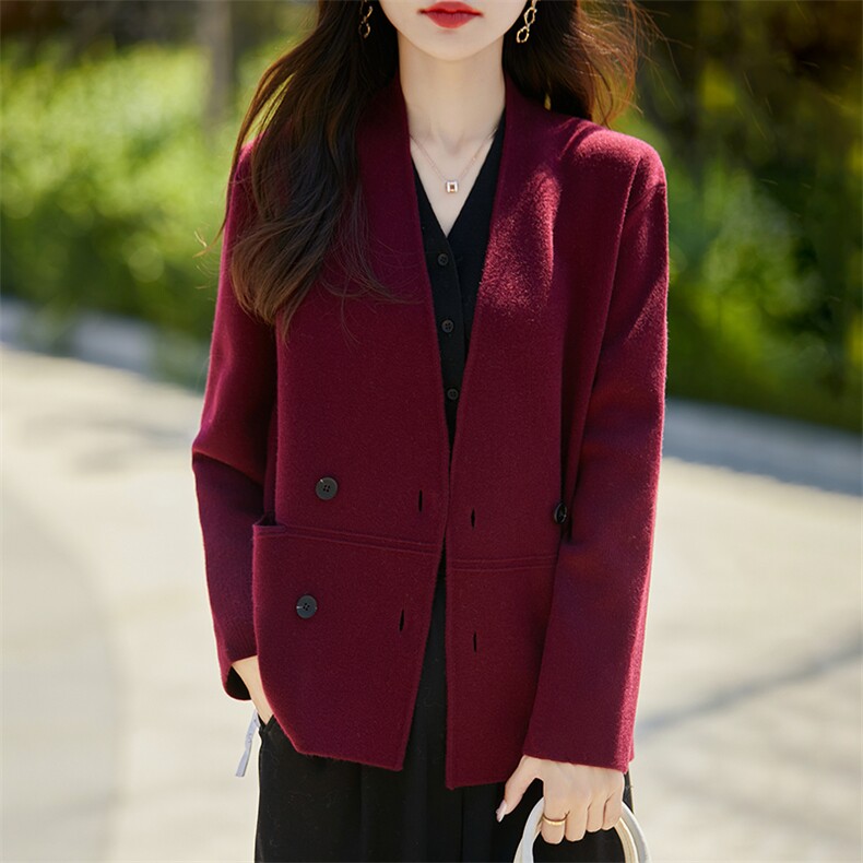 复古精纺羊毛衫针织外套女V领西装长袖开衫宽松带兜气质外搭毛衣，女装西装，暖烁羊绒