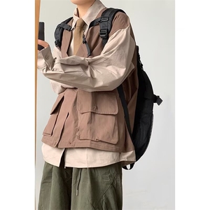 港风秋款男假两件衬衫马甲撞色工装大口袋休闲衬衣CS0106 P50图片