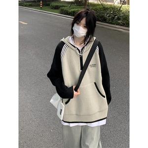 潮牌撞色插肩长袖连帽毛衣男女秋冬半开拉链针织衫外套 M369图片