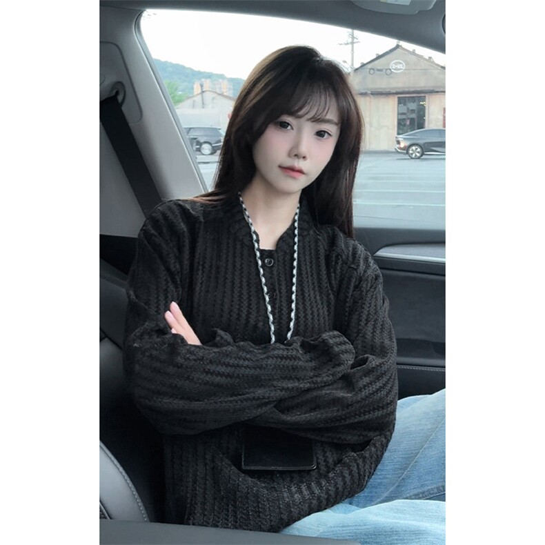 美式高街千鸟格子长袖T恤男女亨利V领英伦雅痞休闲宽松长袖打底衫，男装T恤，电商A443