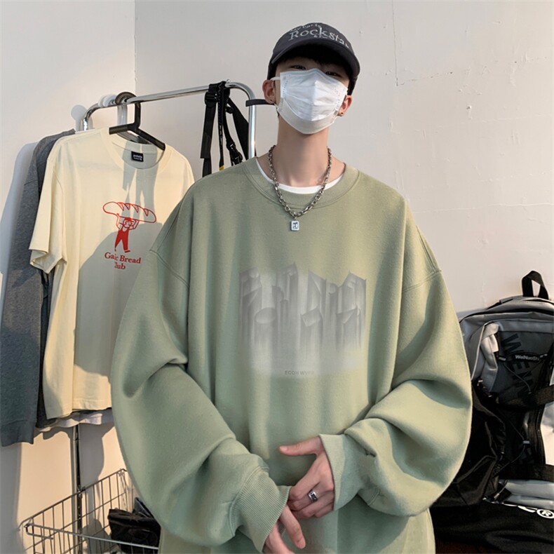 奶绿小清新卫衣男士春秋季港风上衣宽松大码慵懒无帽美式秋装上衣图片