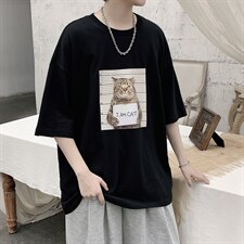 韩系素简监狱猫印花短袖T恤大码宽松男潮517A-1-T916-P28控38，男装T恤，星座517A-1