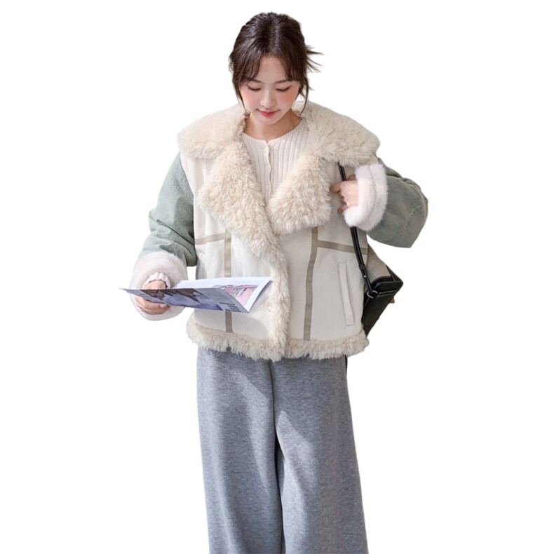 新款大领皮毛一体牛仔袖双拼外套（大货已出）,女装毛呢外套,2C222
