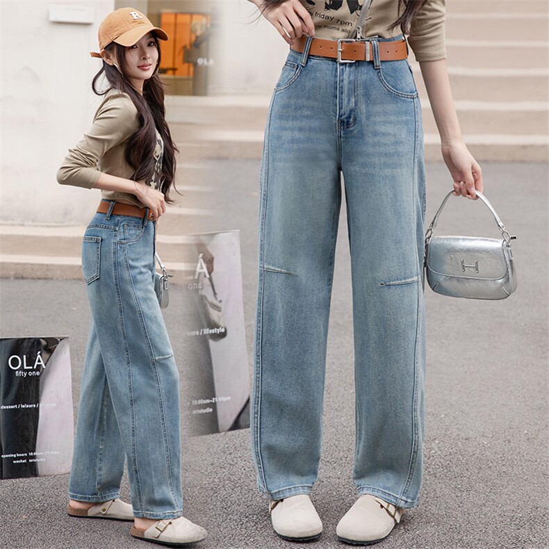 浅蓝色天丝弯刀牛仔裤女2025夏季新款高腰垂感遮胯显瘦镰刀阔腿裤，女装牛仔裤，潮流依族
