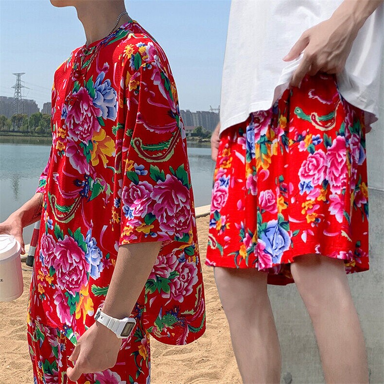 Z1休闲风男士大码透气大花凉爽T恤七分袖衫短裤套装男女纱衣,男装T恤,星座115A(原星座507）
