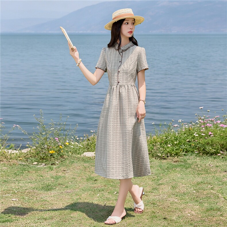 学院风格纹连衣裙女春夏收腰显瘦中长裙格子裙子,女装连衣裙,水衣源