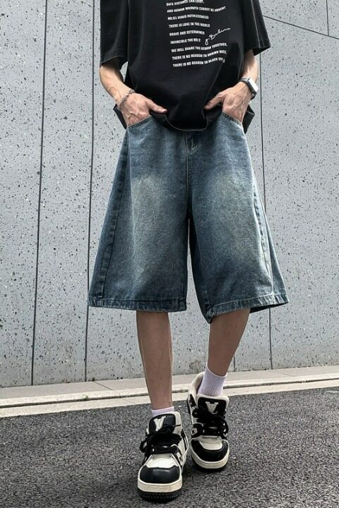 水洗弯刀牛仔短裤男女夏季潮牌宽松百搭阔腿中裤五分裤子DK920-42,男装牛仔裤,星座302B