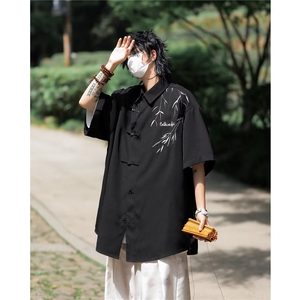 夏季新中式竹叶字母刺绣半袖翻领衬衣男宽松短袖衬衫 C005图片