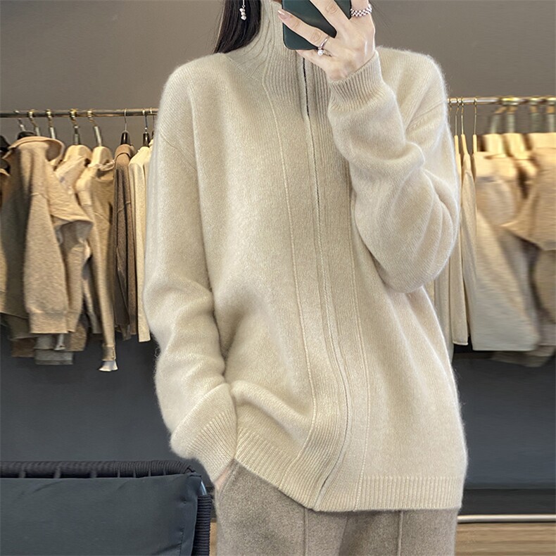时尚百搭女士羊毛拉链开衫羊毛纯色休闲宽松毛衣外套,女装羊毛衫,暮绒羊羊绒