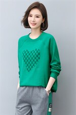 时尚气质休闲宽松立体绣花卫衣绿色长袖圆领上衣女新款，女装卫衣/绒衫，依恋蒂丝