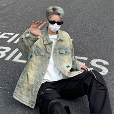 黄泥色牛仔外套男秋季水洗做旧夹克春秋款美式hiphop复古潮牌上衣，男装夹克，星座410-7