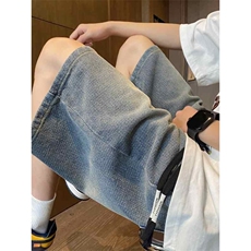 星空纹牛仔短裤男款夏季薄款美式高街复古水洗中裤宽松阔腿五分裤，男装牛仔裤，星座208-5
