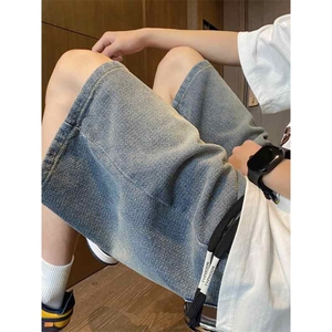 星空纹牛仔短裤男款夏季薄款美式高街复古水洗中裤宽松阔腿五分裤图片