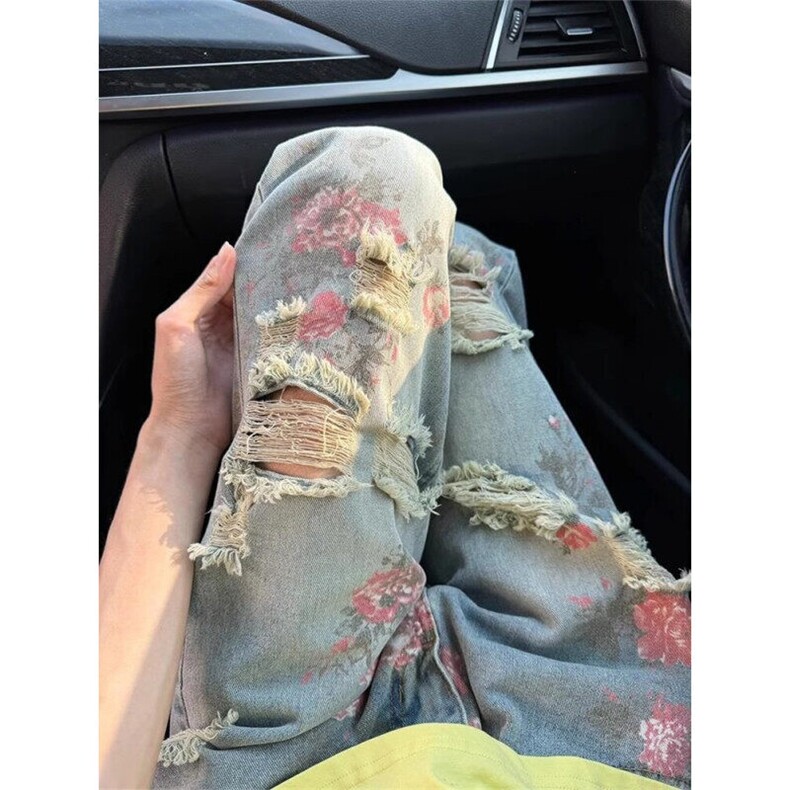 高街花卉破洞牛仔裤男款夏季显瘦裤子玫瑰满印直筒长裤NB154，男装牛仔裤，星座1116A（原606A-3）