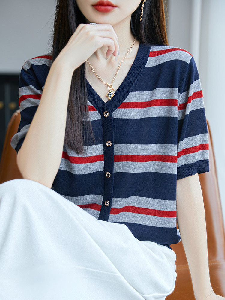 莱赛尔针织条纹短袖T恤女2025夏薄透气宽松显瘦减龄V领假开衫上衣,女装T恤,鄂维那特