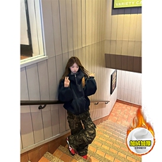 480G重磅加绒硬挺boxy男女秋冬美式高街防风高领卫衣开衫厚外套，女装短外套，电商A486-1