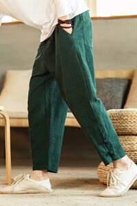 秋季新款男装盘扣棉麻风提花宽松小脚休闲裤室内墨绿图片