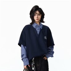 W130-P51复古学院风假两件衬衫男女秋冬潮牌宽松情侣长袖卫衣，男装衬衫，电商B323A