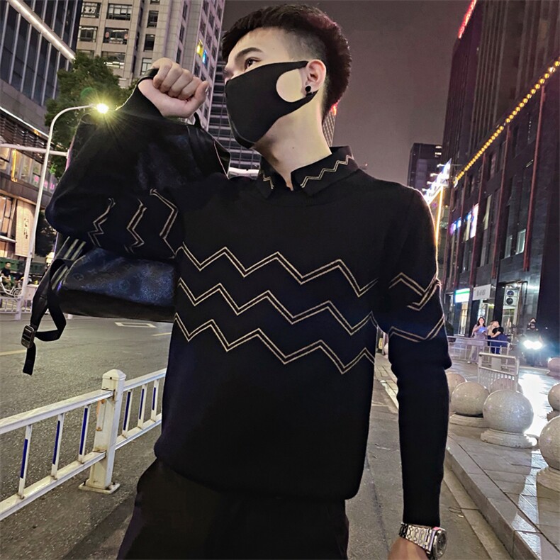 MY17/P75控105冬季痞帅社会小伙复古条纹polo领毛衣ins男士黑首1,男装针织衫/毛衣,星座305B