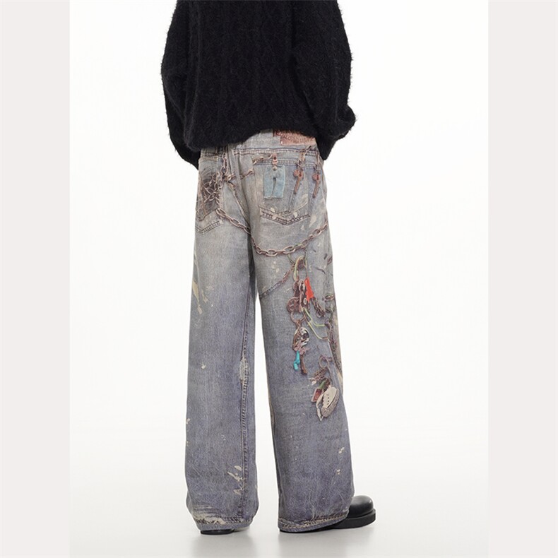 个性3D打印牛仔裤男宽松阔腿美式高街vibe裤子潮牌炸街RK2252-P67，男装牛仔裤，星座412-2